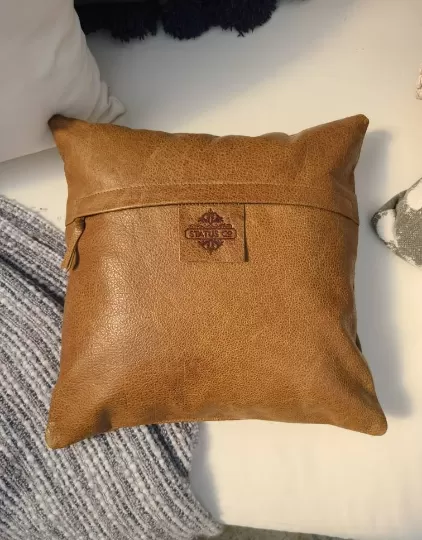 100% Leather Camel Brown Throw Pillow Cover - 16 x 16