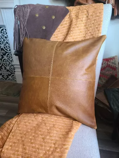 100% Leather Camel Brown Throw Pillow Cover - 16 x 16