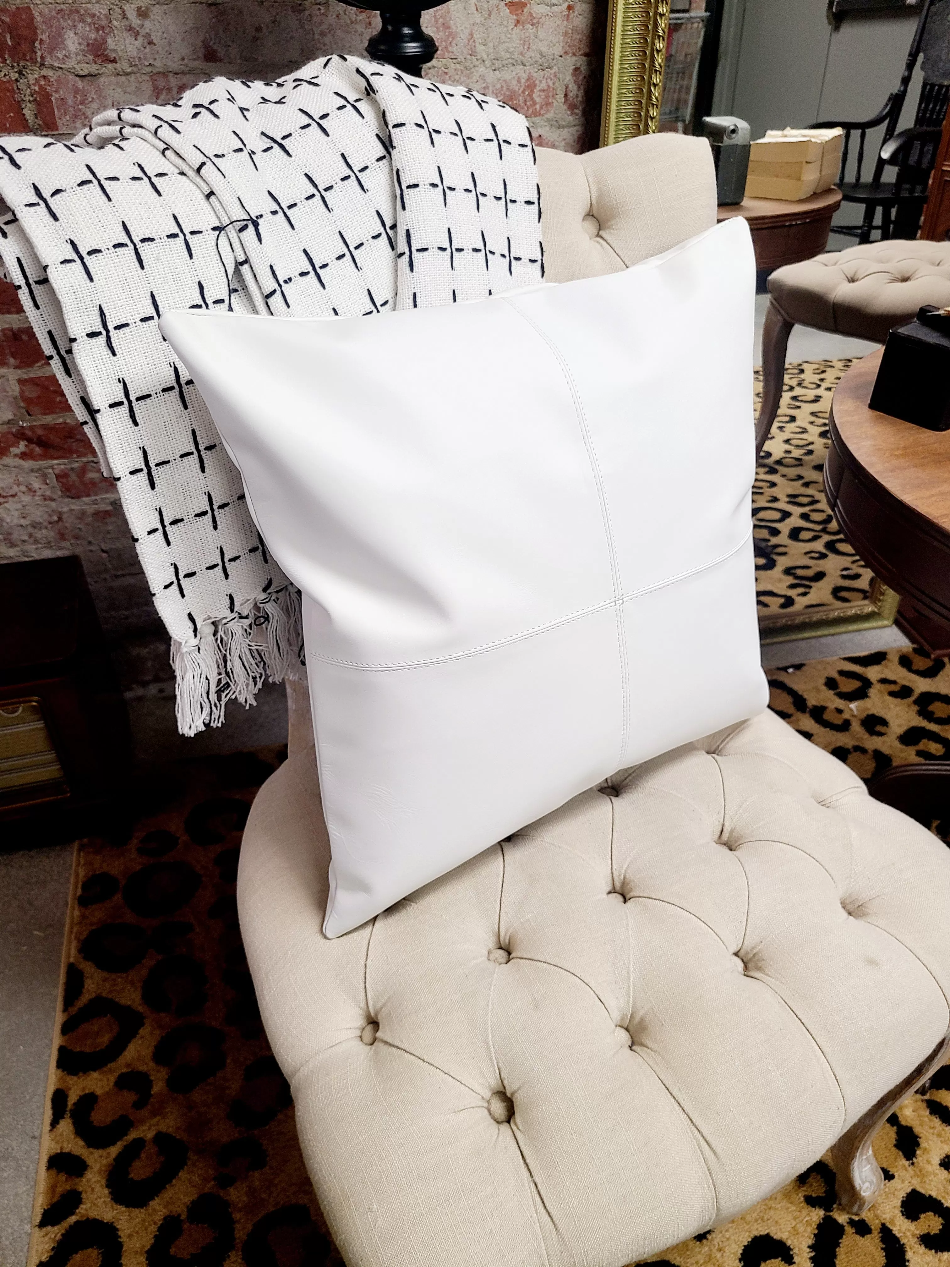 100% Leather Classic White Throw Pillow Cover - 18 x 18