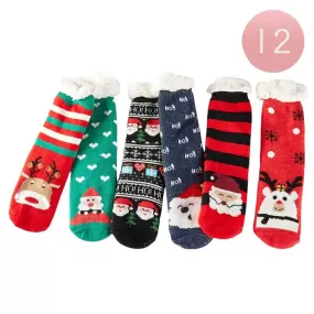 12Pairs Faux Sherpa Lining Rudolph Santa Claus Rudolph Socks