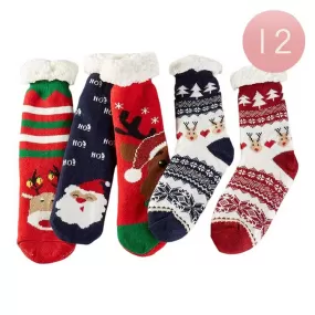 12Pairs Faux Sherpa Lining Rudolph Santa Claus Socks