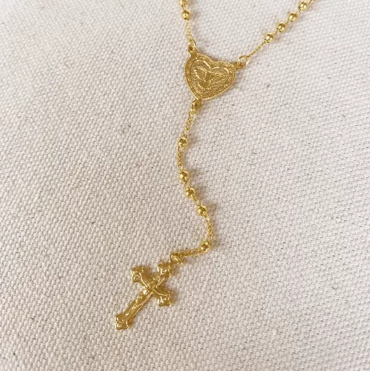 18k Gold Filled Fashion Rosary Necklace In 2mm Gold Beads Featuring A Dove Heart Charm And Crucifix 18 Length