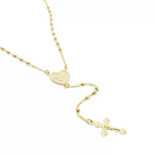 18k Gold Filled Fashion Rosary Necklace In 2mm Gold Beads Featuring A Dove Heart Charm And Crucifix 18 Length