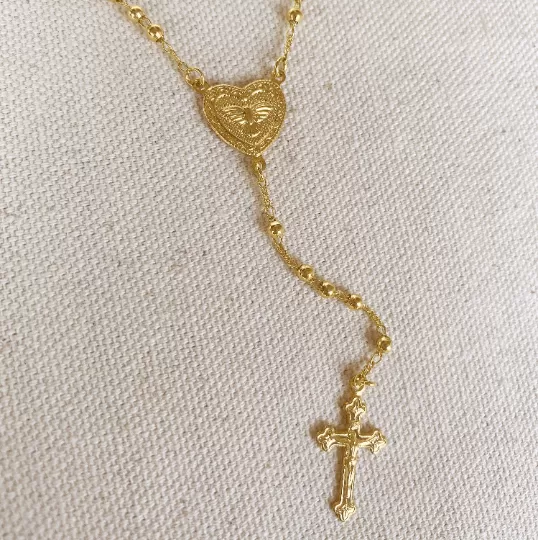 18k Gold Filled Fashion Rosary Necklace In 2mm Gold Beads Featuring A Dove Heart Charm And Crucifix 18 Length