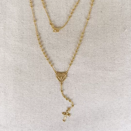 18k Gold Filled Fashion Rosary Necklace In 2mm Gold Beads Featuring A Dove Heart Charm And Crucifix 18 Length