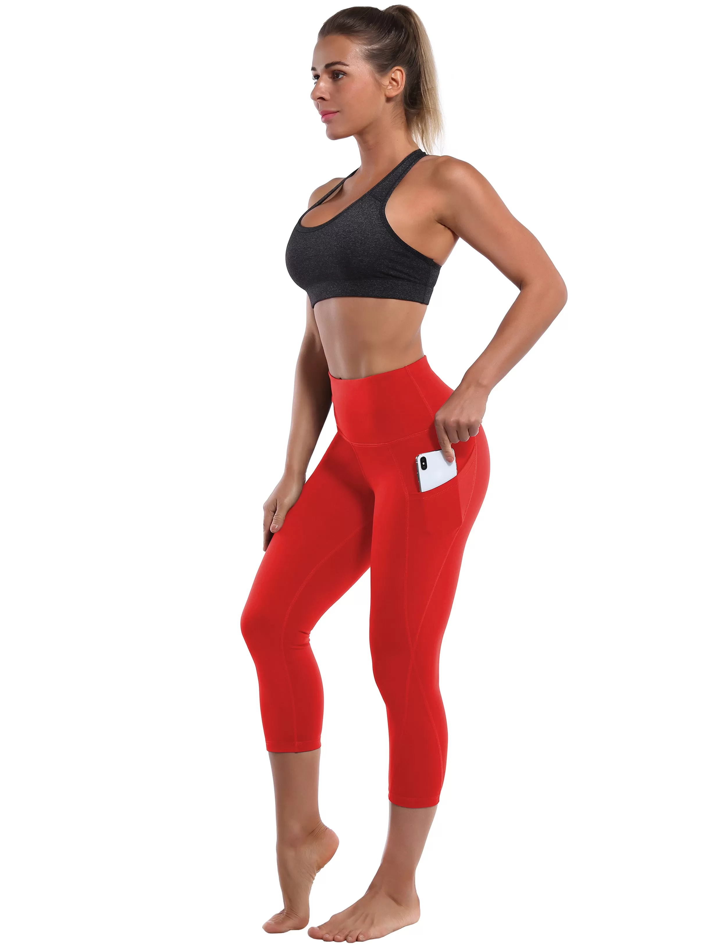 19" High Waist Side Pockets Capris scarlet