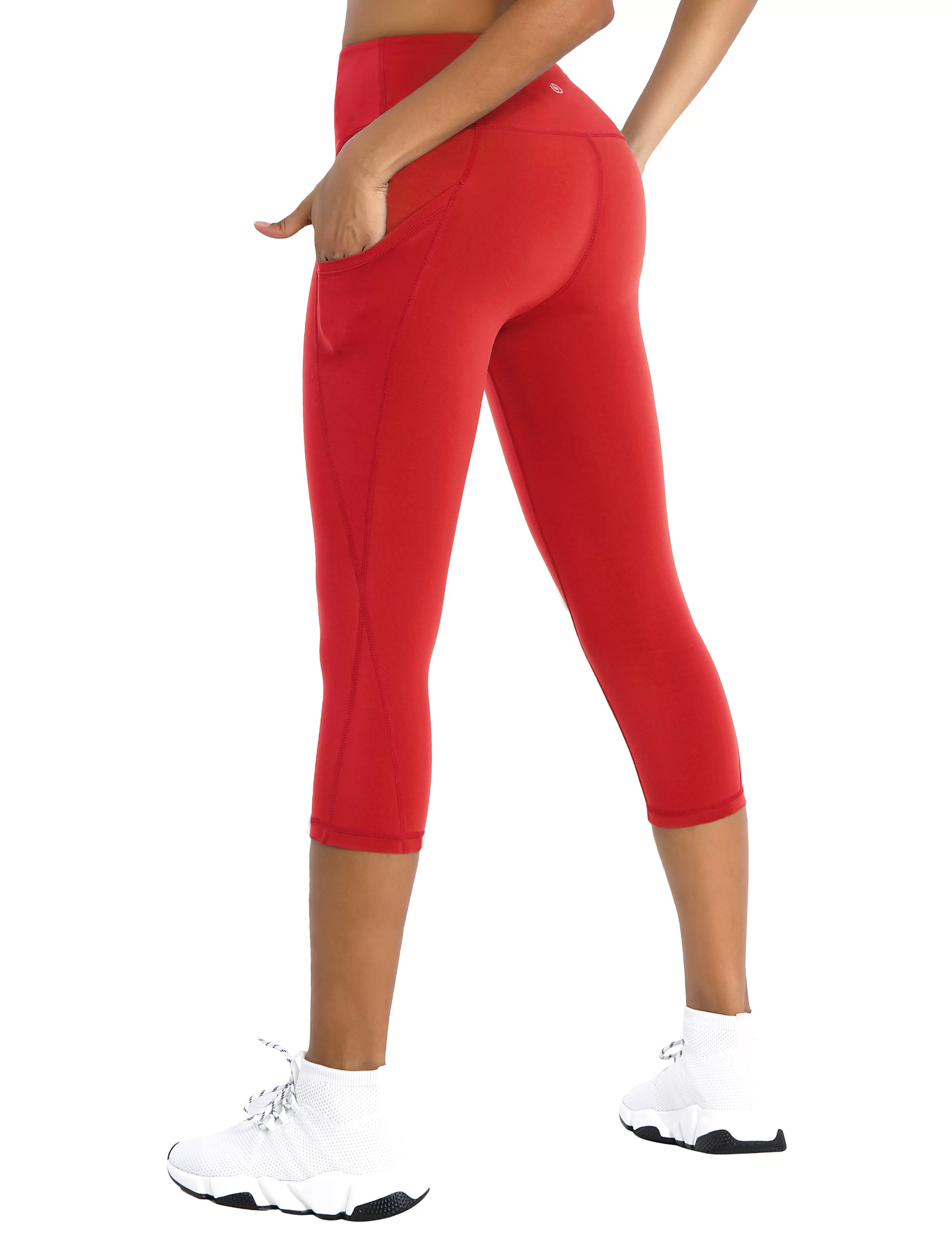 19" High Waist Side Pockets Capris scarlet