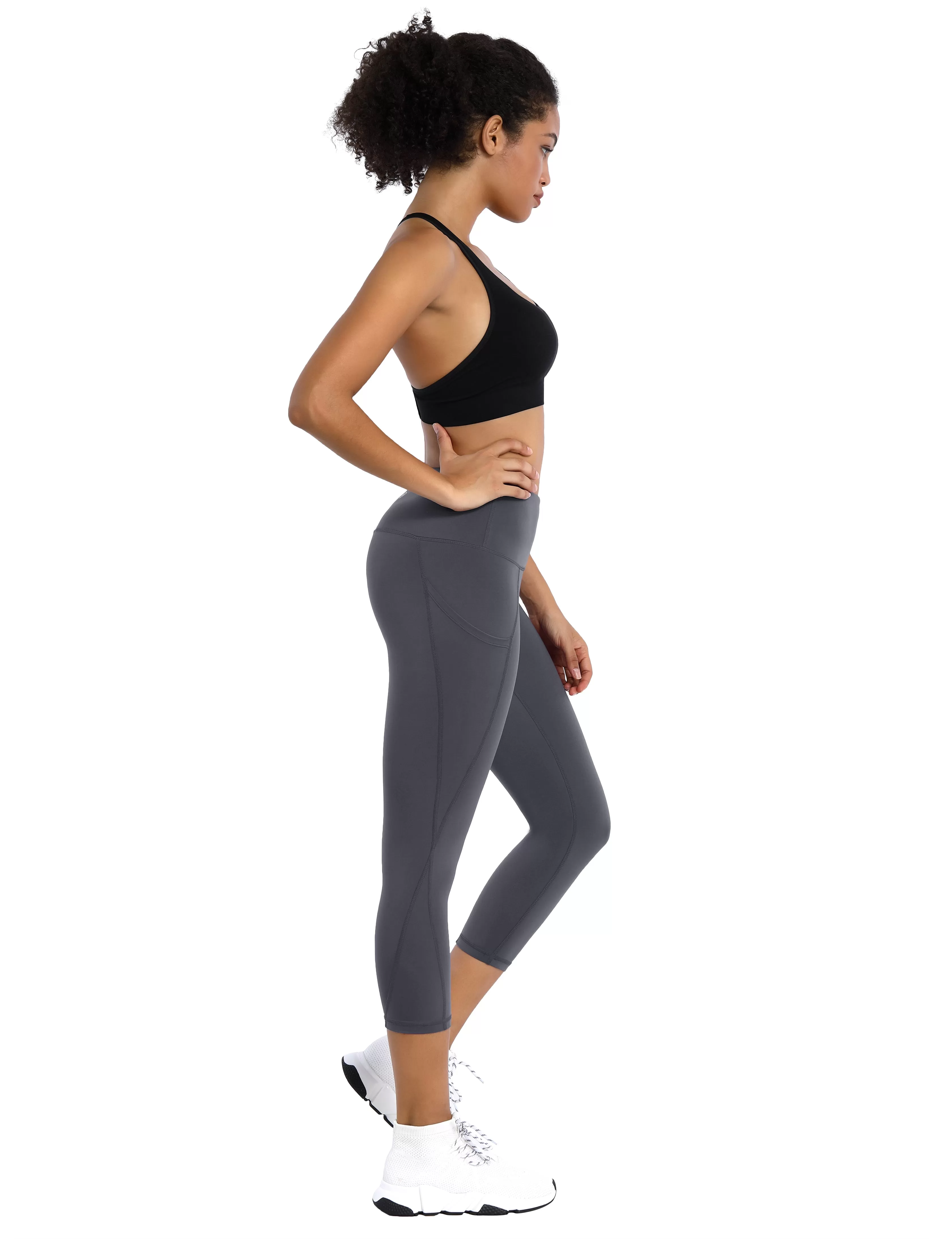 19" High Waist Side Pockets Capris shadowcharcoal