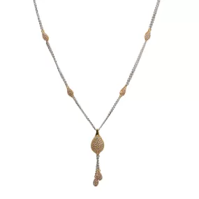 22K Multi Tone Gold Chain Necklace W/ CZ Gemstones & Teardrop Tassel Pendant