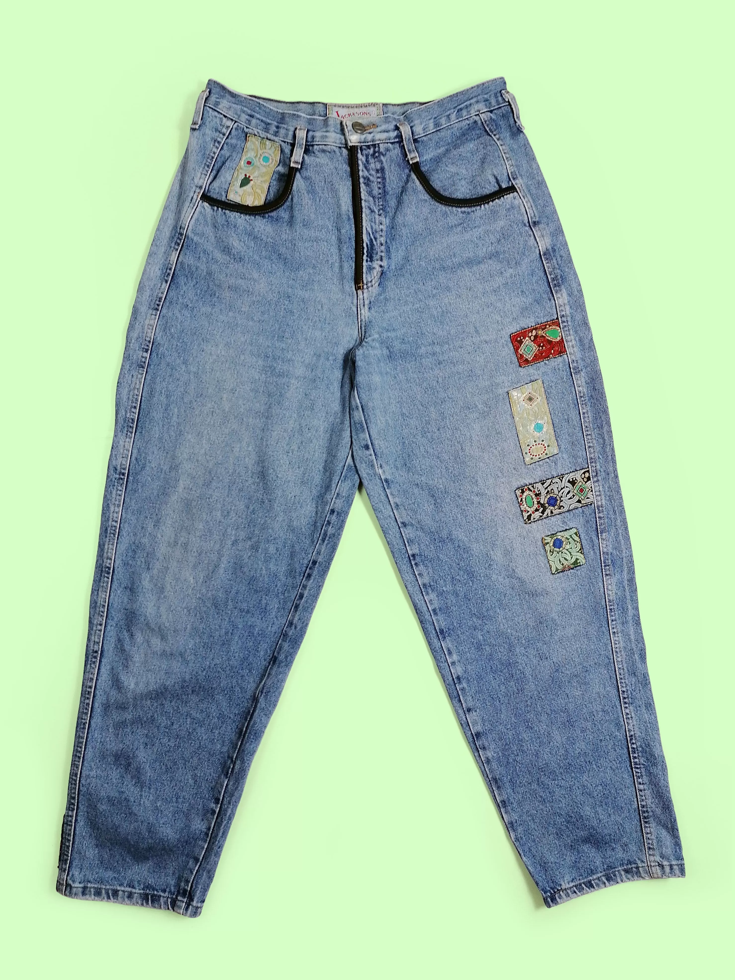 80's JACK & SONS High Waist Embroidery Patch Baggy Jeans - M-L (32)