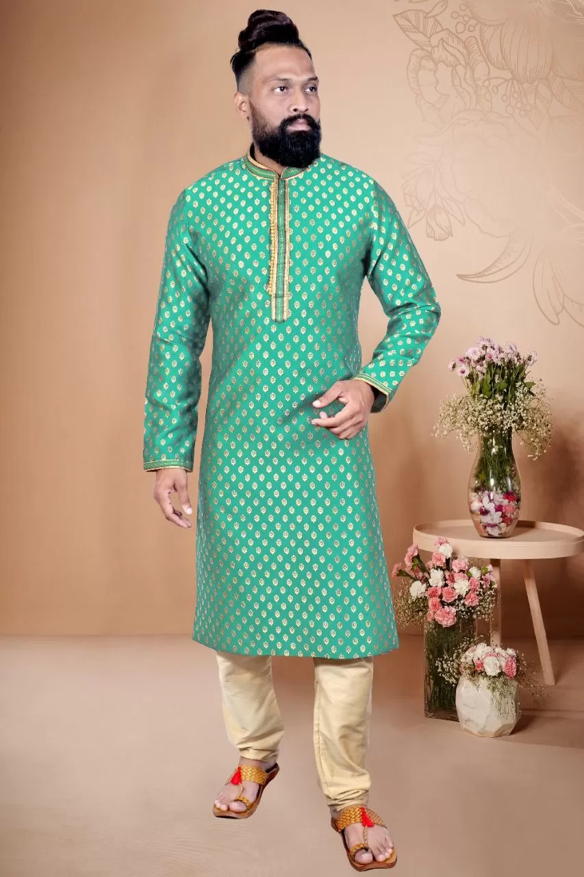 Attractive Men's Ethnic Kurta With Pajama Set - Sea Green