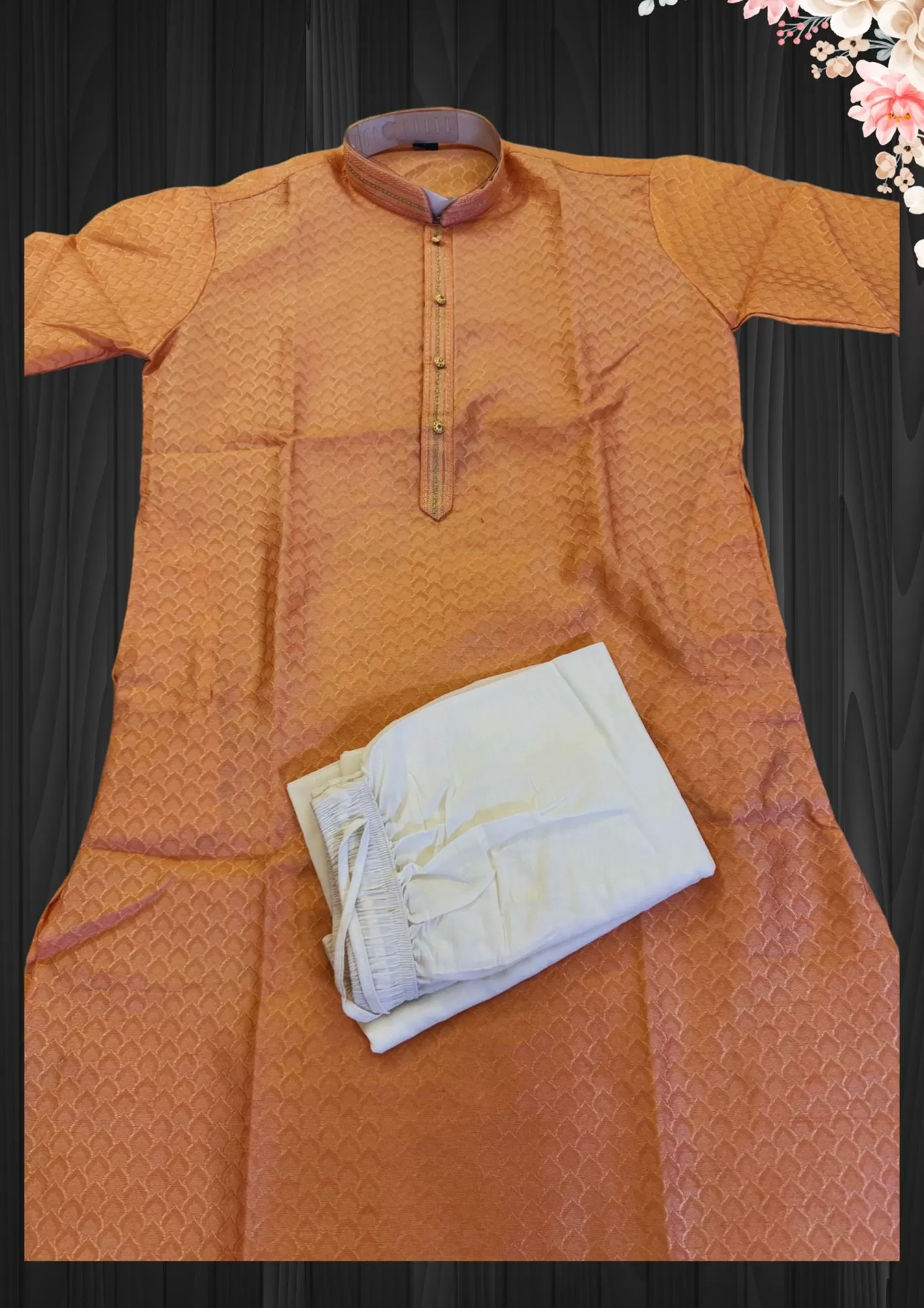 Attractive Peach Color Art Silk Pltal Pattern Men's Kurta Sets