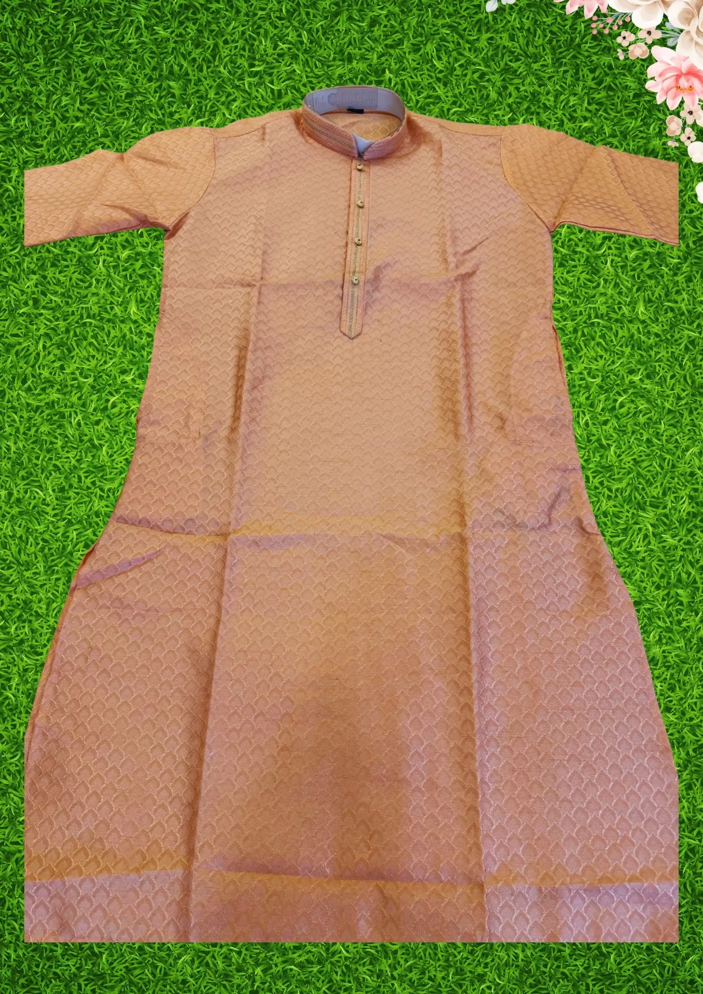 Attractive Peach Color Art Silk Pltal Pattern Men's Kurta Sets