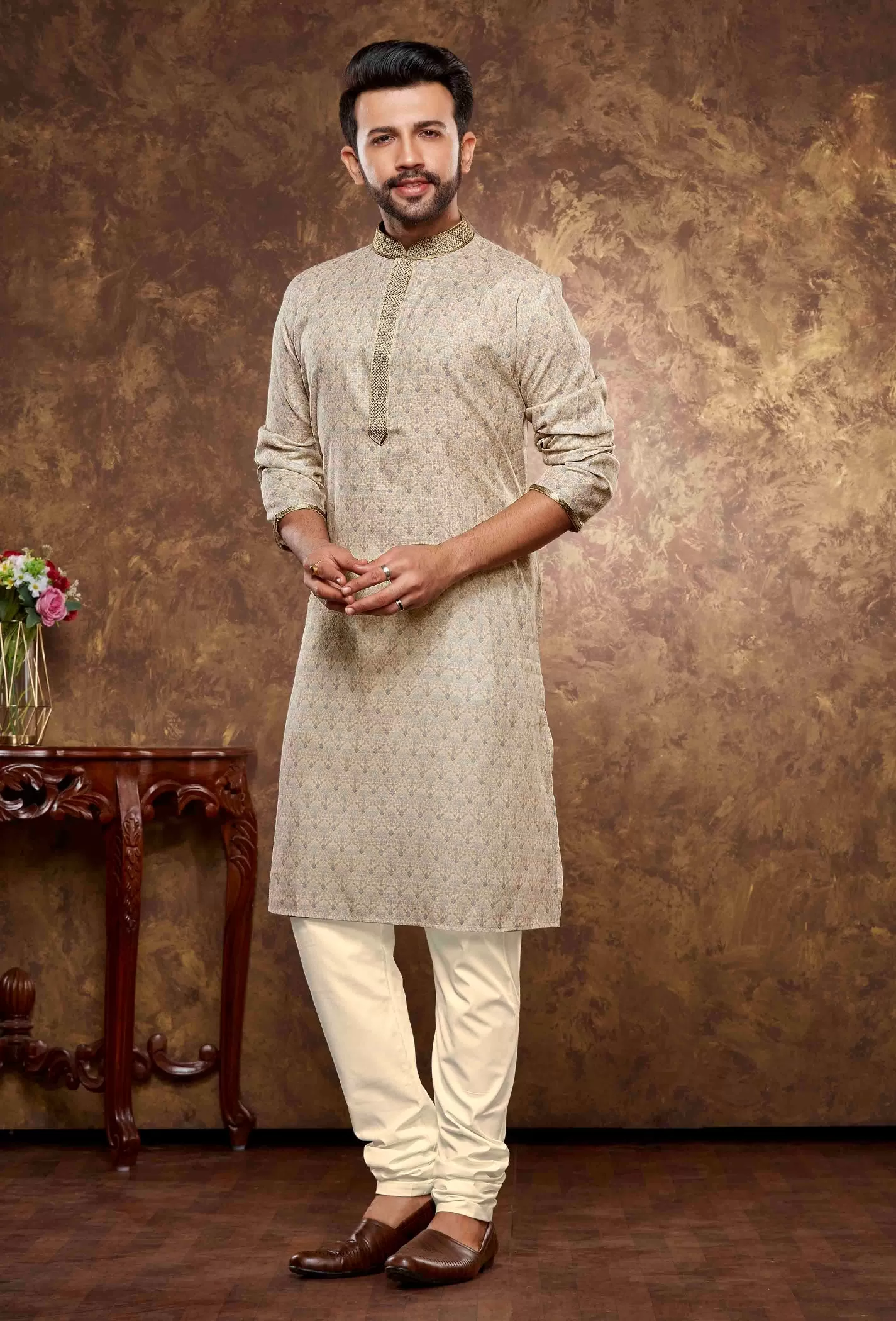 Attractive Sandal Color Poly Cotton With Digital Printed Kurta Set With Pajama Pant For Men