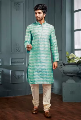 Attractive Sky Blue Colored Poly Cotton Pajama Pant With Poly Jacquard Kurta Sets