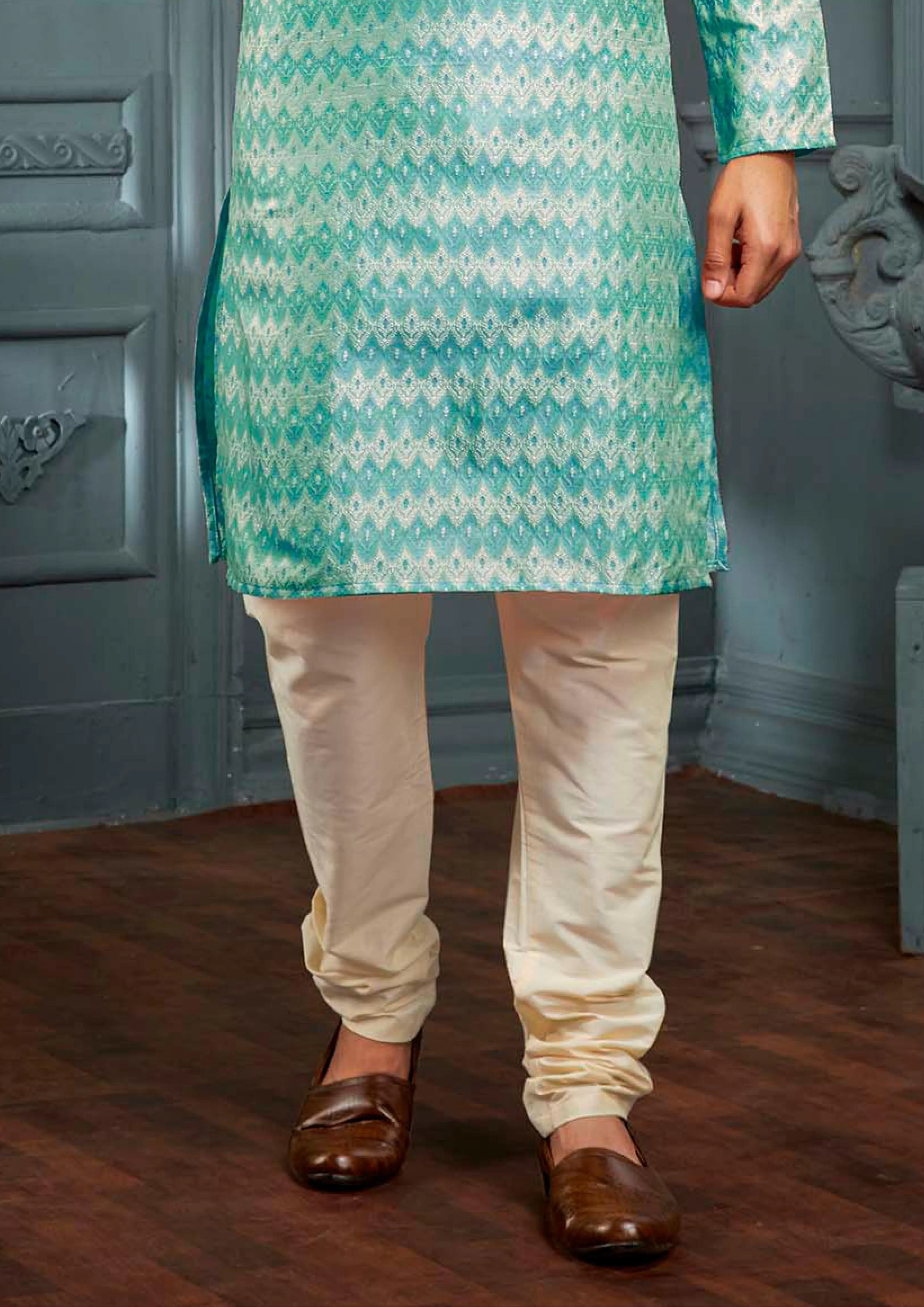 Attractive Sky Blue Colored Poly Cotton Pajama Pant With Poly Jacquard Kurta Sets