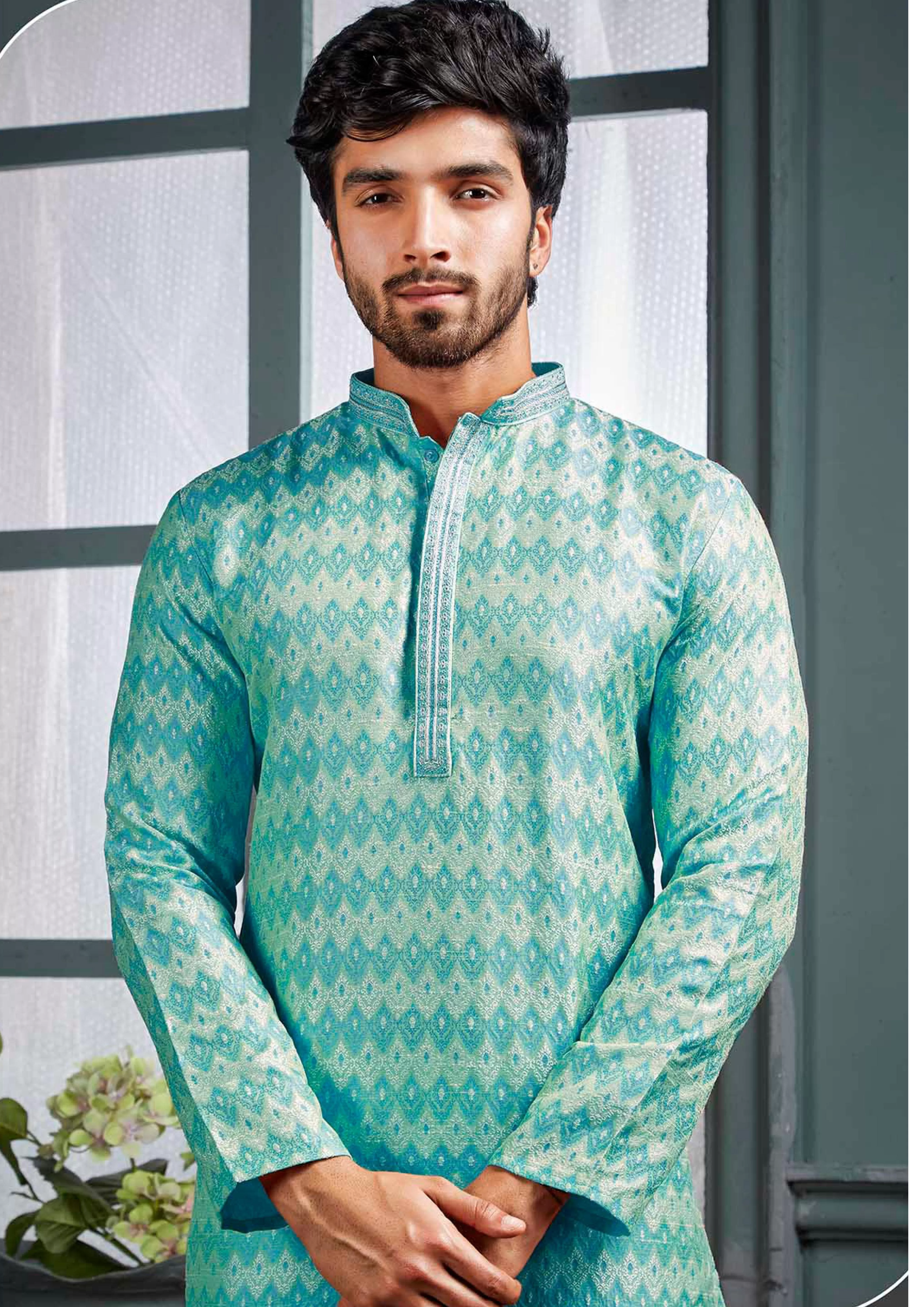 Attractive Sky Blue Colored Poly Cotton Pajama Pant With Poly Jacquard Kurta Sets