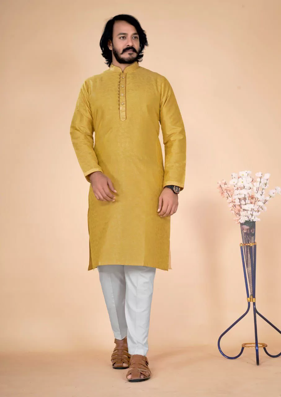 Attractive Traditional Yellow Color Men's Kurta With Pajama Pant