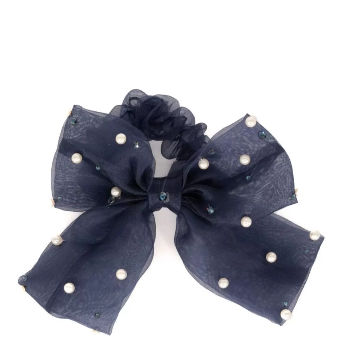 Bari Lynn Tulle Bow Scrunchie with Pearls & Swarovski Crystals - Navy