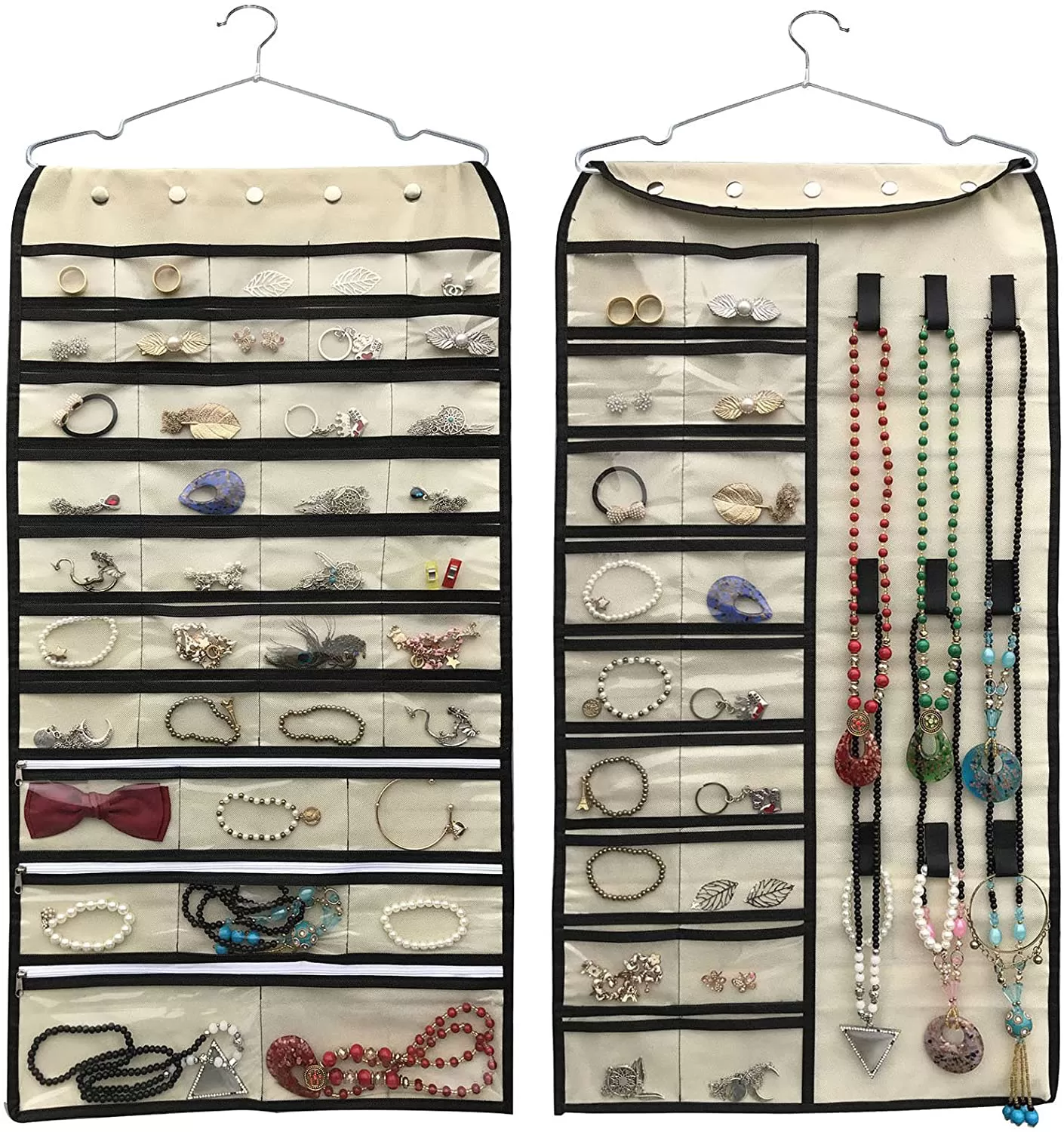 BB Brotrade Hanging Jewelry Organizer,Double Sided 56 Pockets&9 Hooks Accessories Organizer for Holding Jewelry(Beige-56 Pockets)