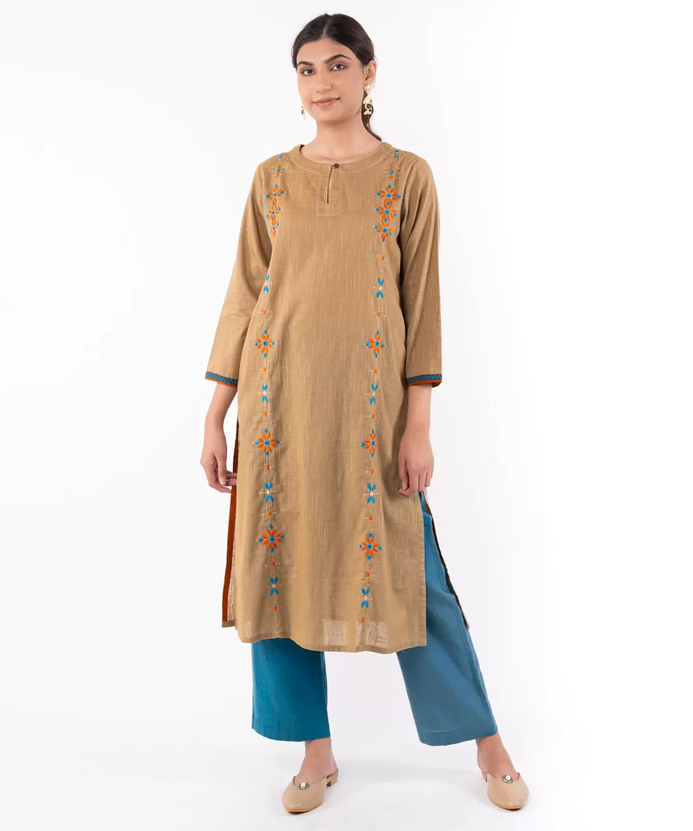 Beige hand embroidered cotton straight kurta