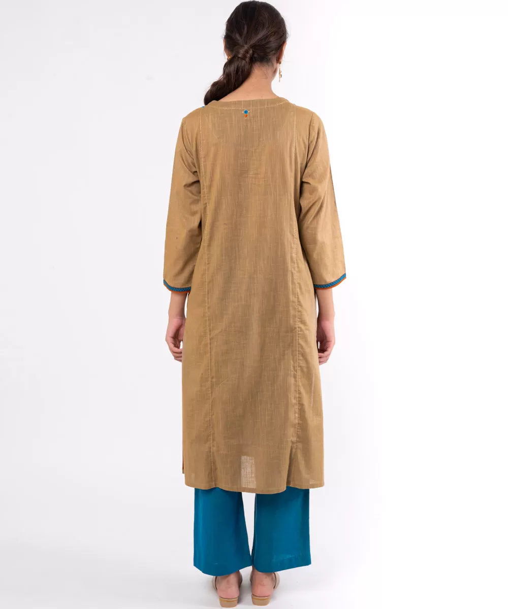 Beige hand embroidered cotton straight kurta