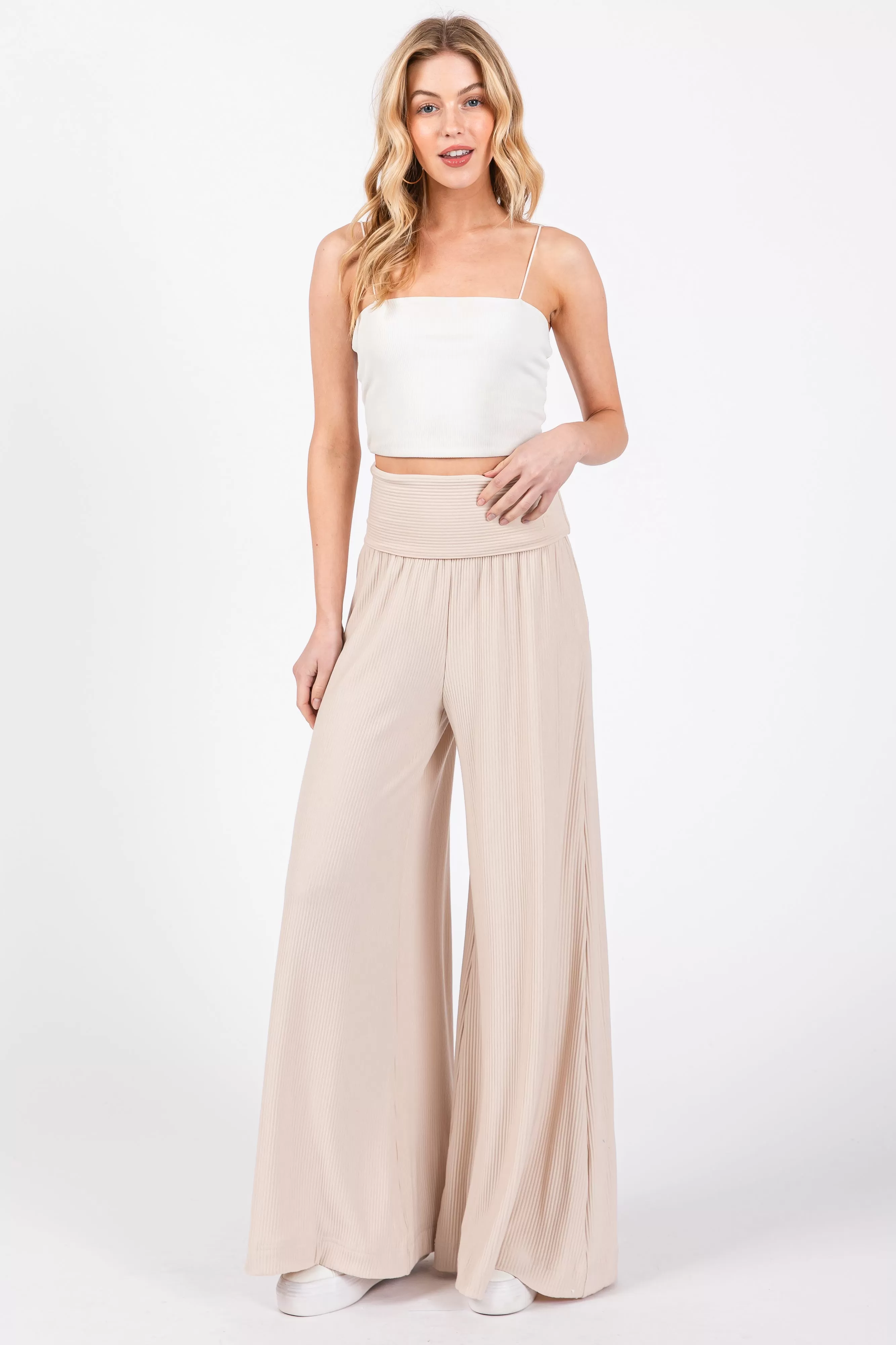 Beige Ribbed Foldover Waist Maternity Wide Leg Pants