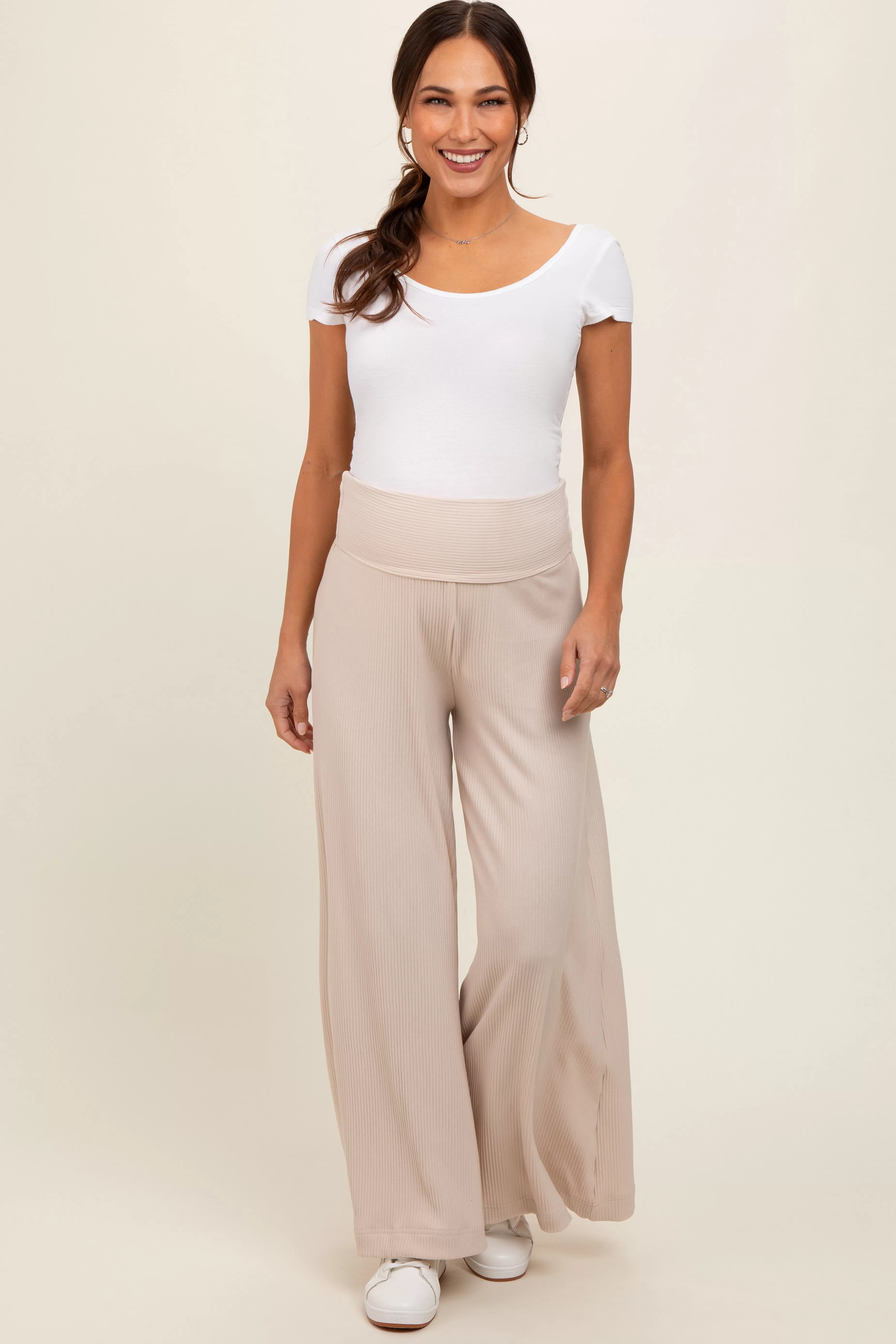 Beige Ribbed Foldover Waist Maternity Wide Leg Pants