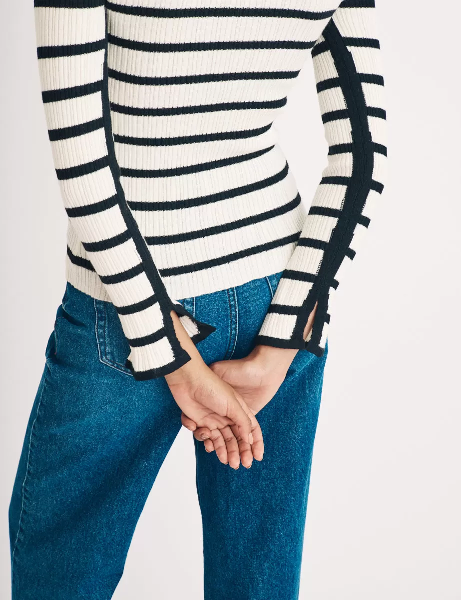 Black And White Wool Blend Stripe Ribbed Top