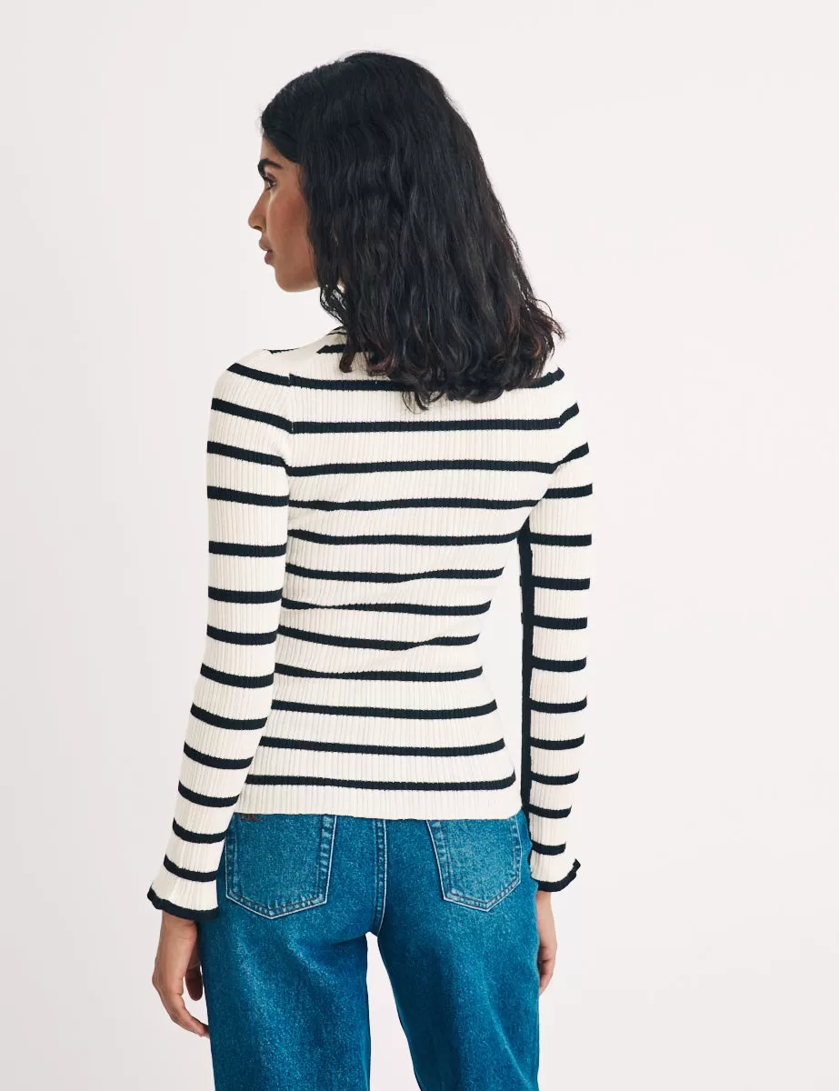 Black And White Wool Blend Stripe Ribbed Top