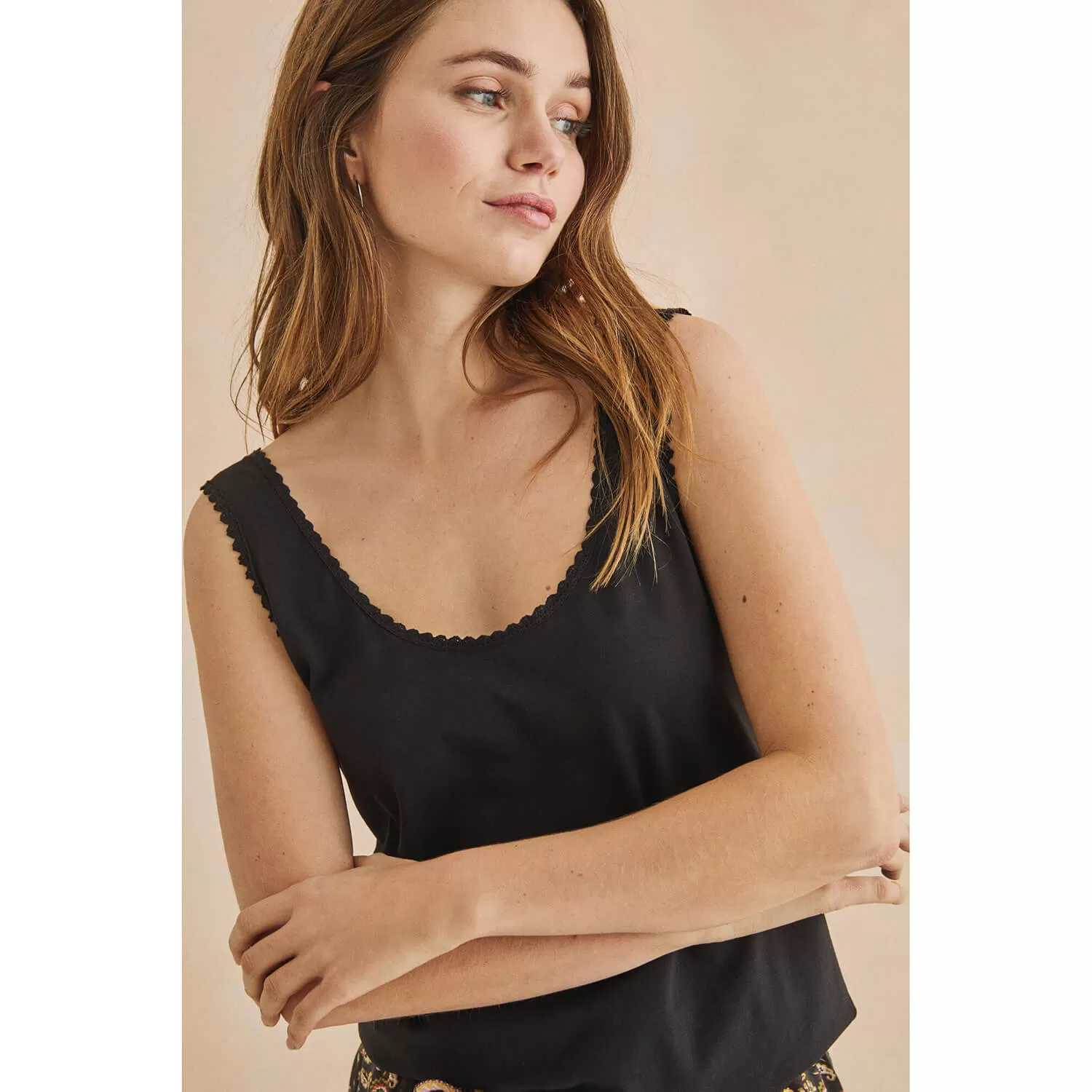 Black Cotton And Lace Vest Top - Black