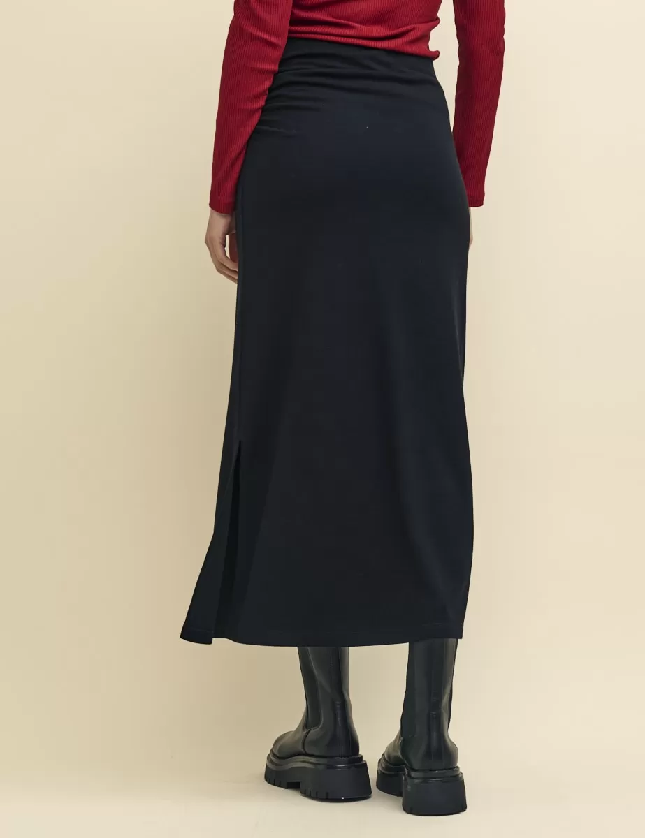 Black Jersey Ruched Midi Skirt