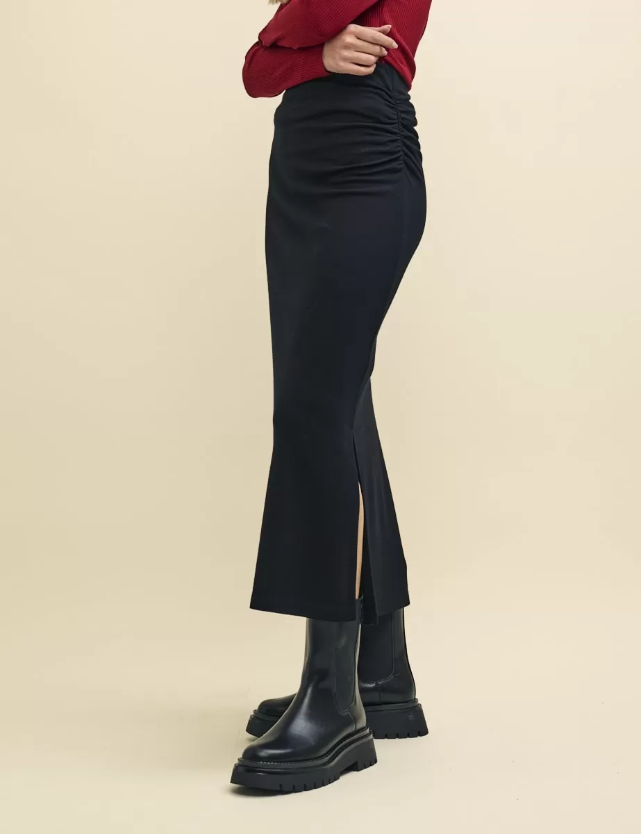 Black Jersey Ruched Midi Skirt