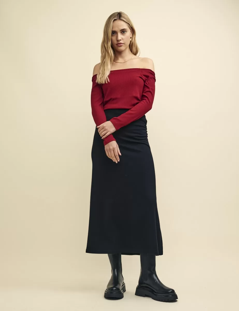 Black Jersey Ruched Midi Skirt