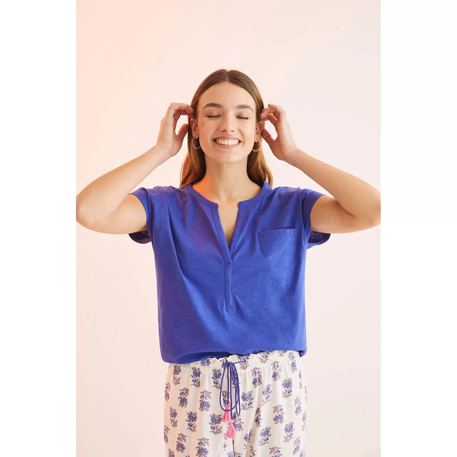 Blue Short-Sleeved Cotton Top - Blue