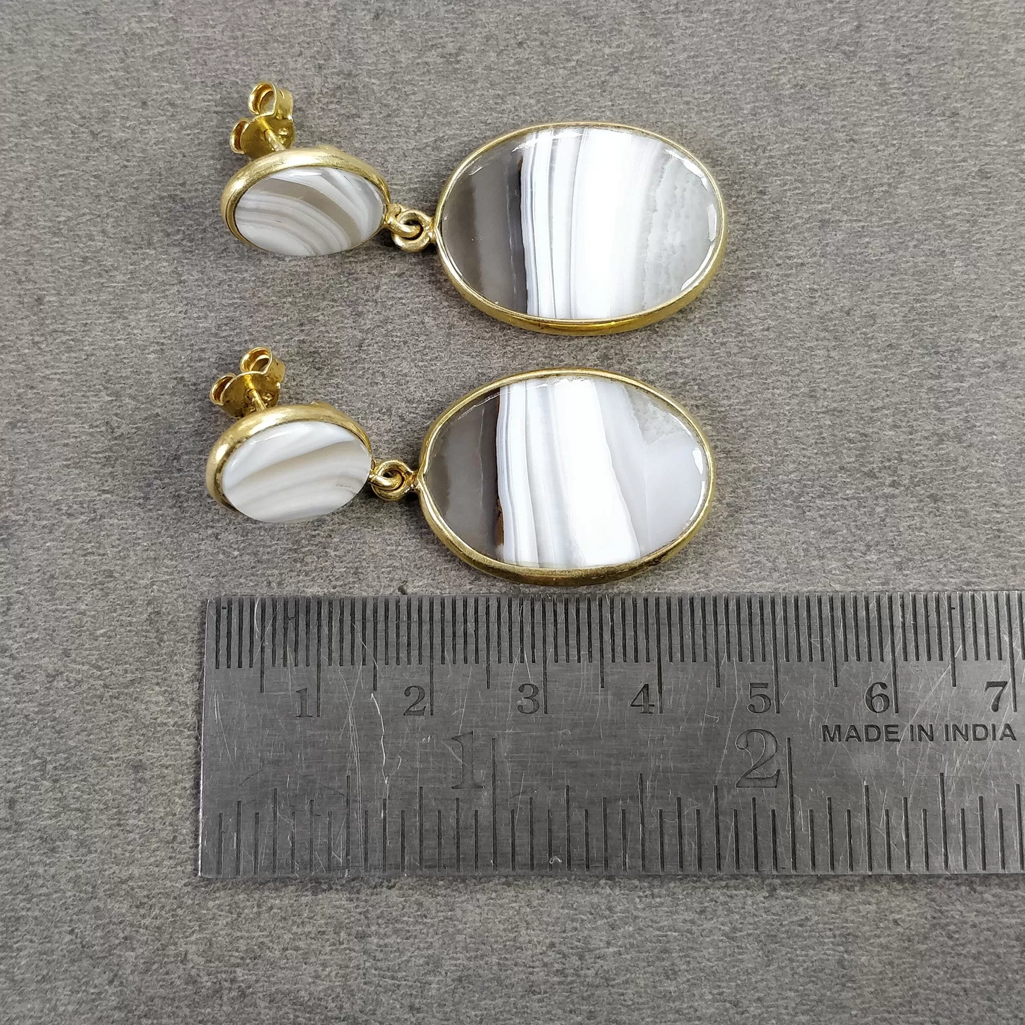 BOTSWANA AGATE Gemstone Earrings: 12.60gms Natural 925 Sterling Silver Gold Plated Bezel Set Drop Dangle Push Back Earring 1.9"