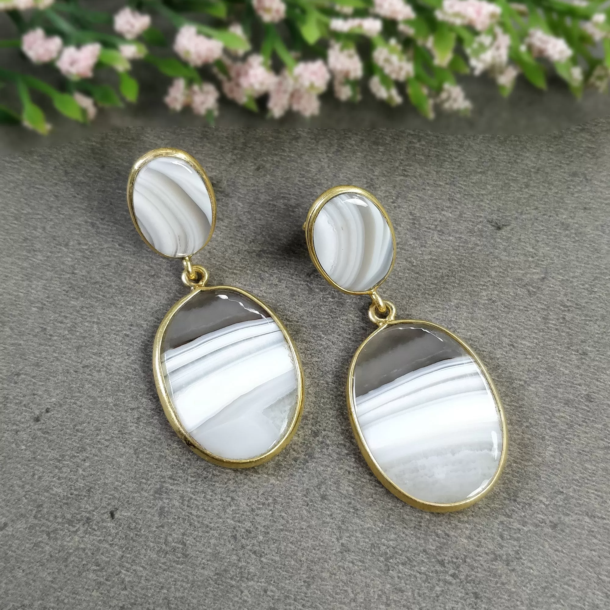 BOTSWANA AGATE Gemstone Earrings: 12.60gms Natural 925 Sterling Silver Gold Plated Bezel Set Drop Dangle Push Back Earring 1.9"