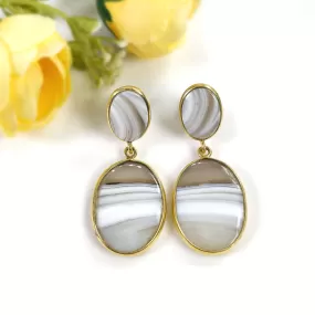 BOTSWANA AGATE Gemstone Earrings: 12.60gms Natural 925 Sterling Silver Gold Plated Bezel Set Drop Dangle Push Back Earring 1.9"