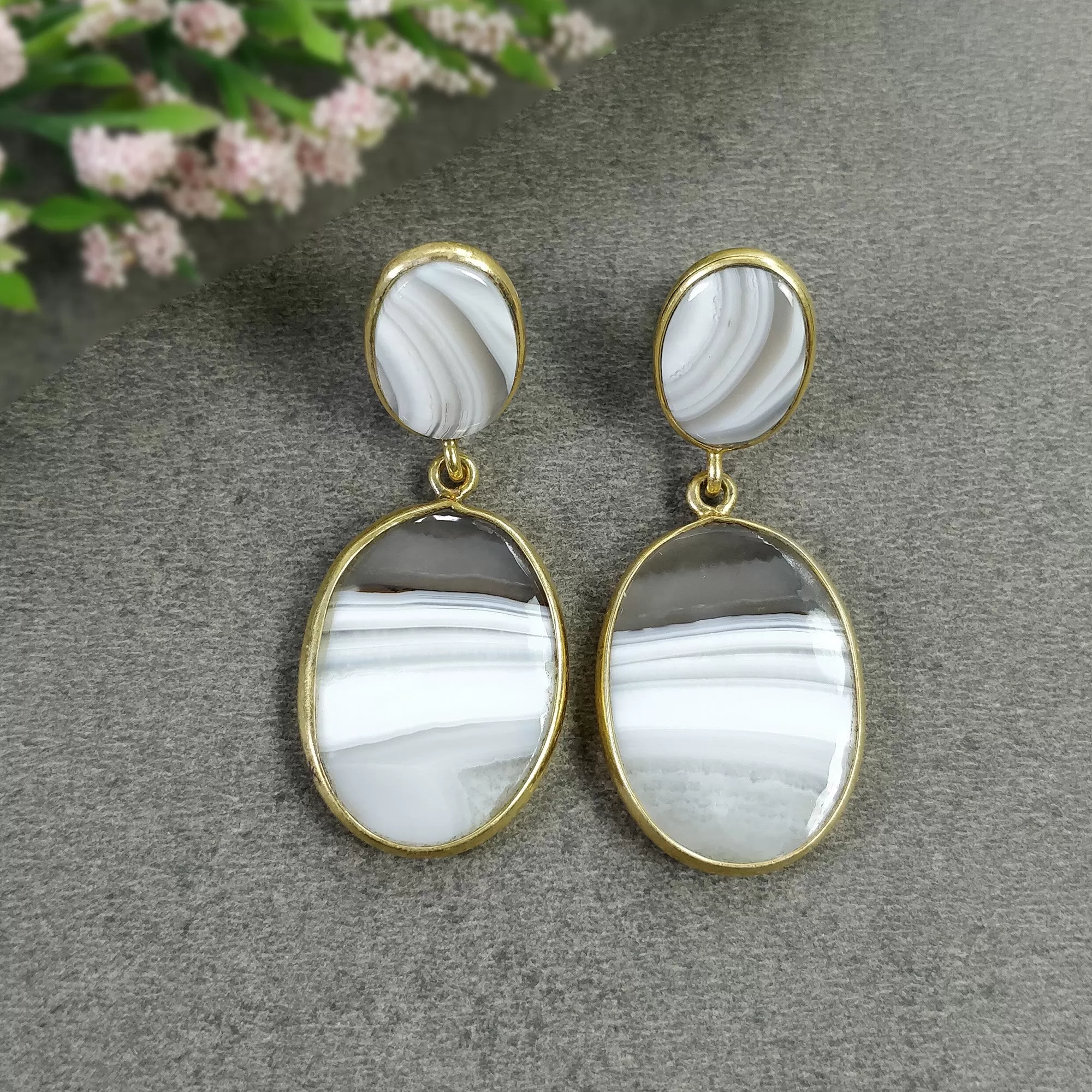 BOTSWANA AGATE Gemstone Earrings: 12.60gms Natural 925 Sterling Silver Gold Plated Bezel Set Drop Dangle Push Back Earring 1.9"