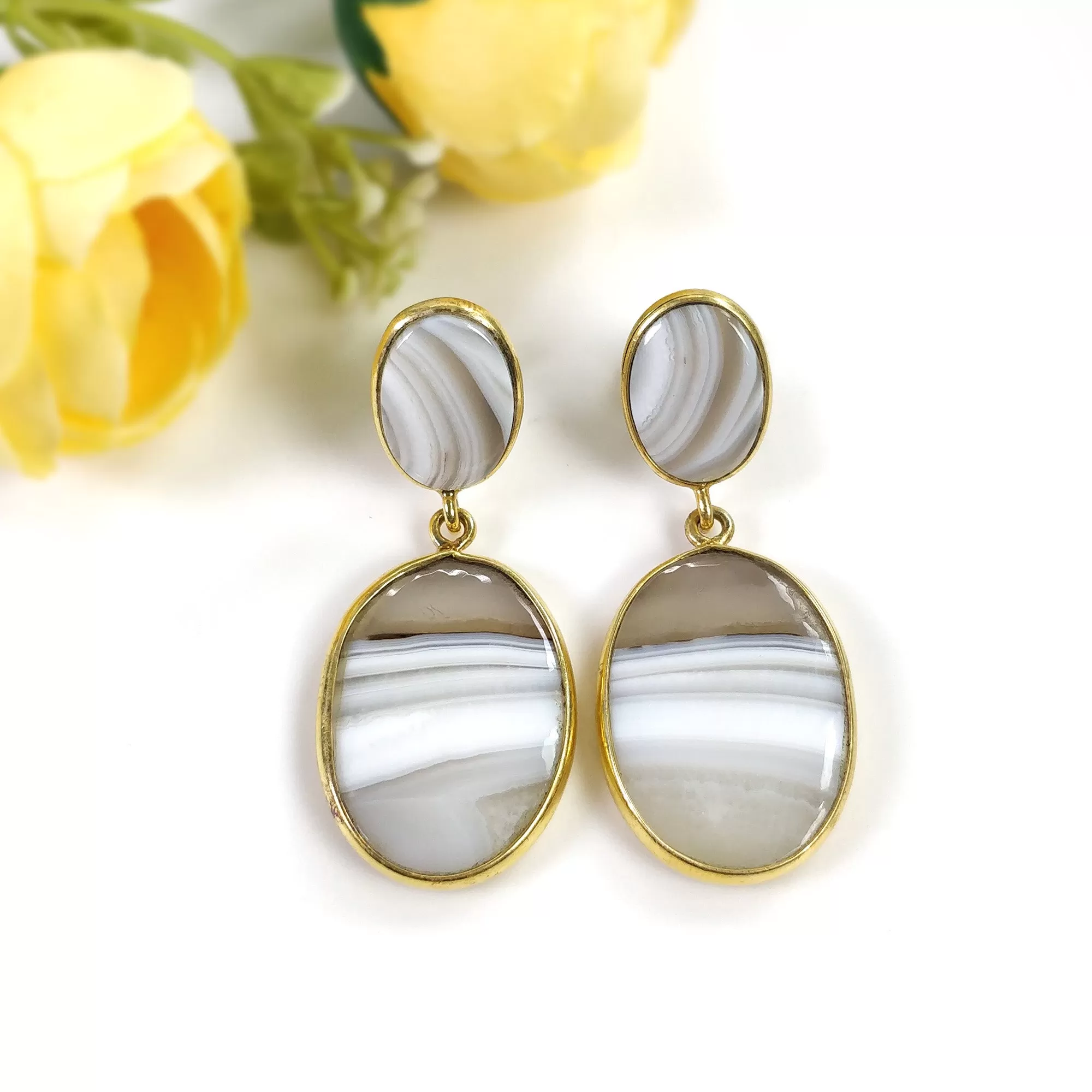 BOTSWANA AGATE Gemstone Earrings: 12.60gms Natural 925 Sterling Silver Gold Plated Bezel Set Drop Dangle Push Back Earring 1.9"