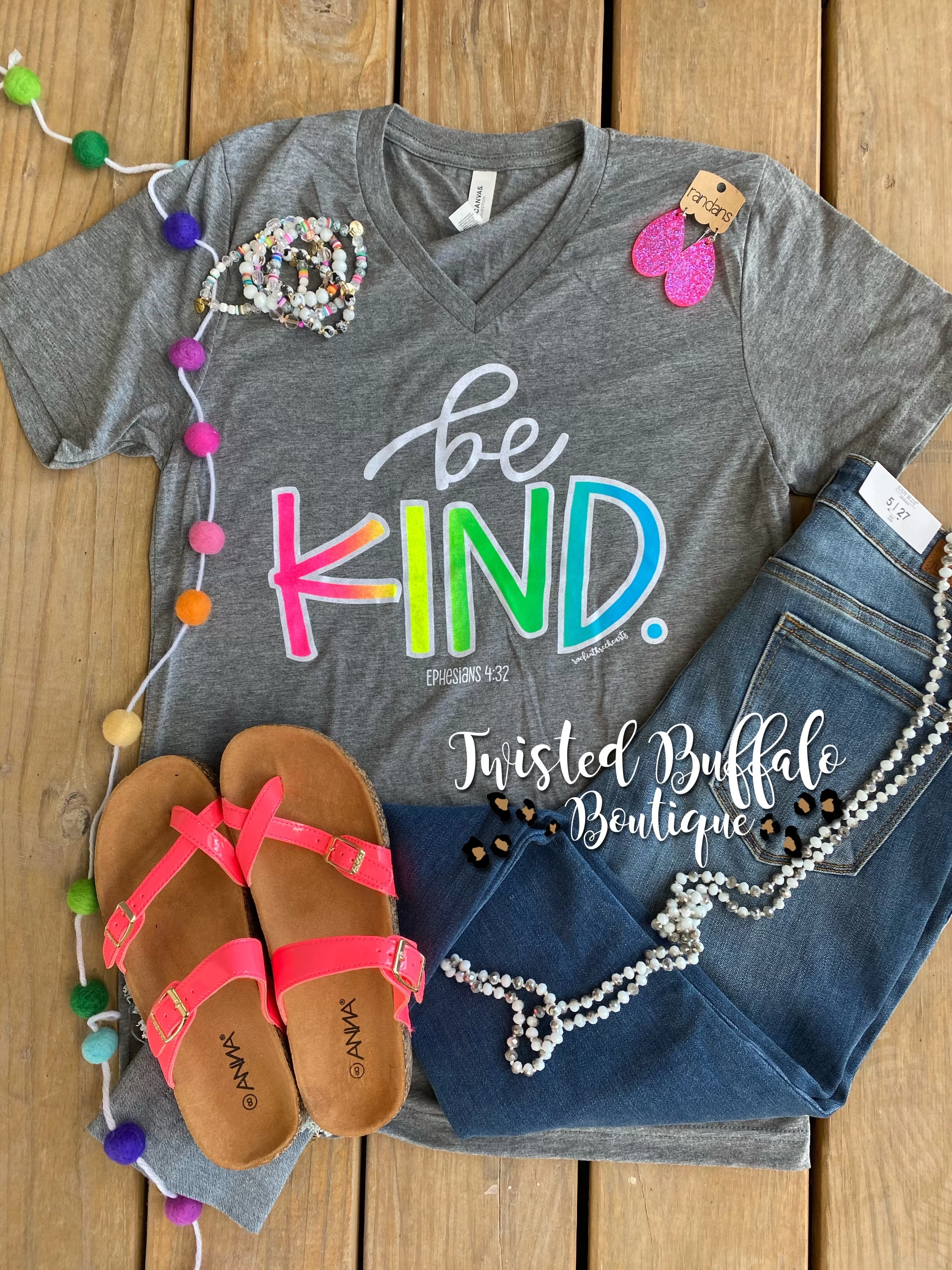 Bright Neon {BE KIND} Bright Neon Gray V-Neck Tee