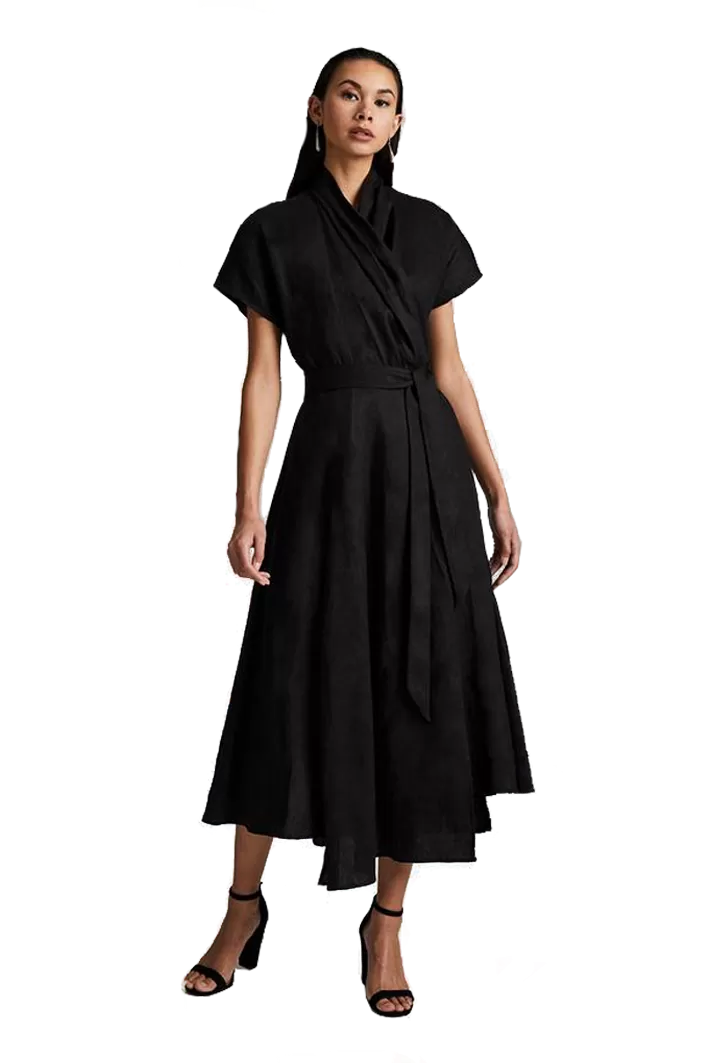 Butterfly Linen Wrap Dress | Black