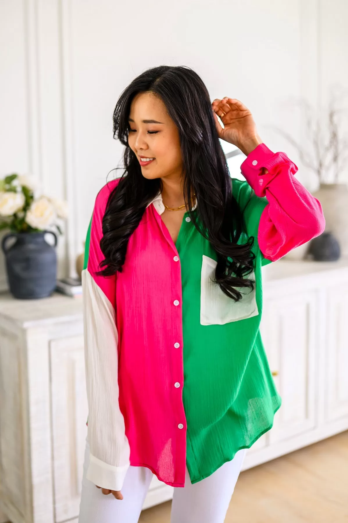 Capture the Day Two Toned Button Up Kelly- USE CODE SPRING24 for 40% OFF!!!!