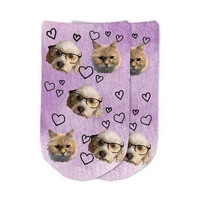 Cat and Dog Face Socks Custom Printed on No Show Socks