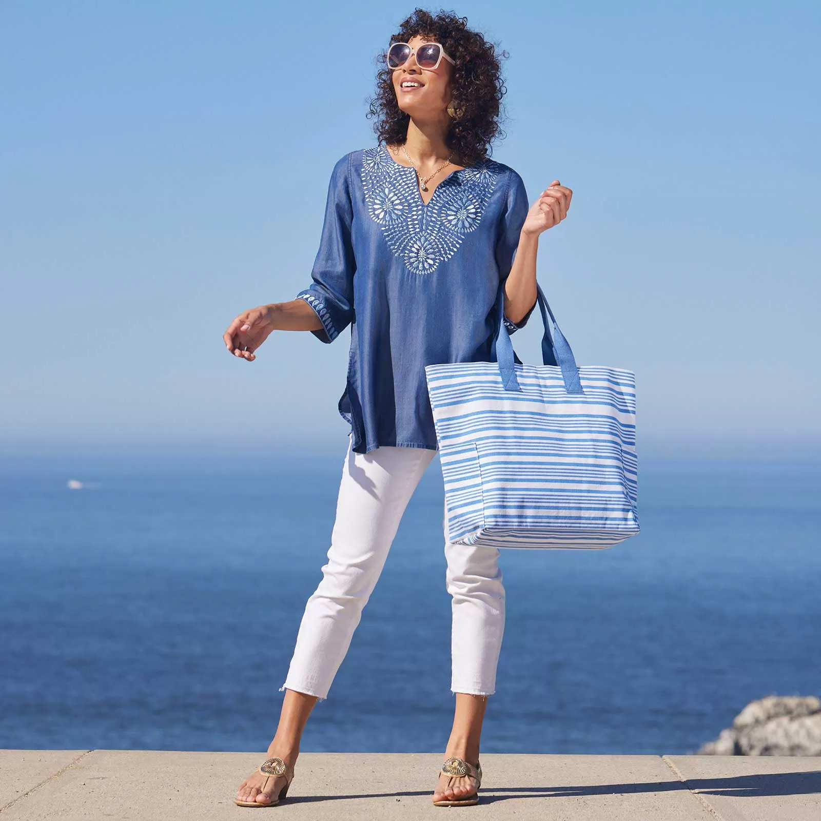 Chambray Top With Light Blue Embroidered Neckline