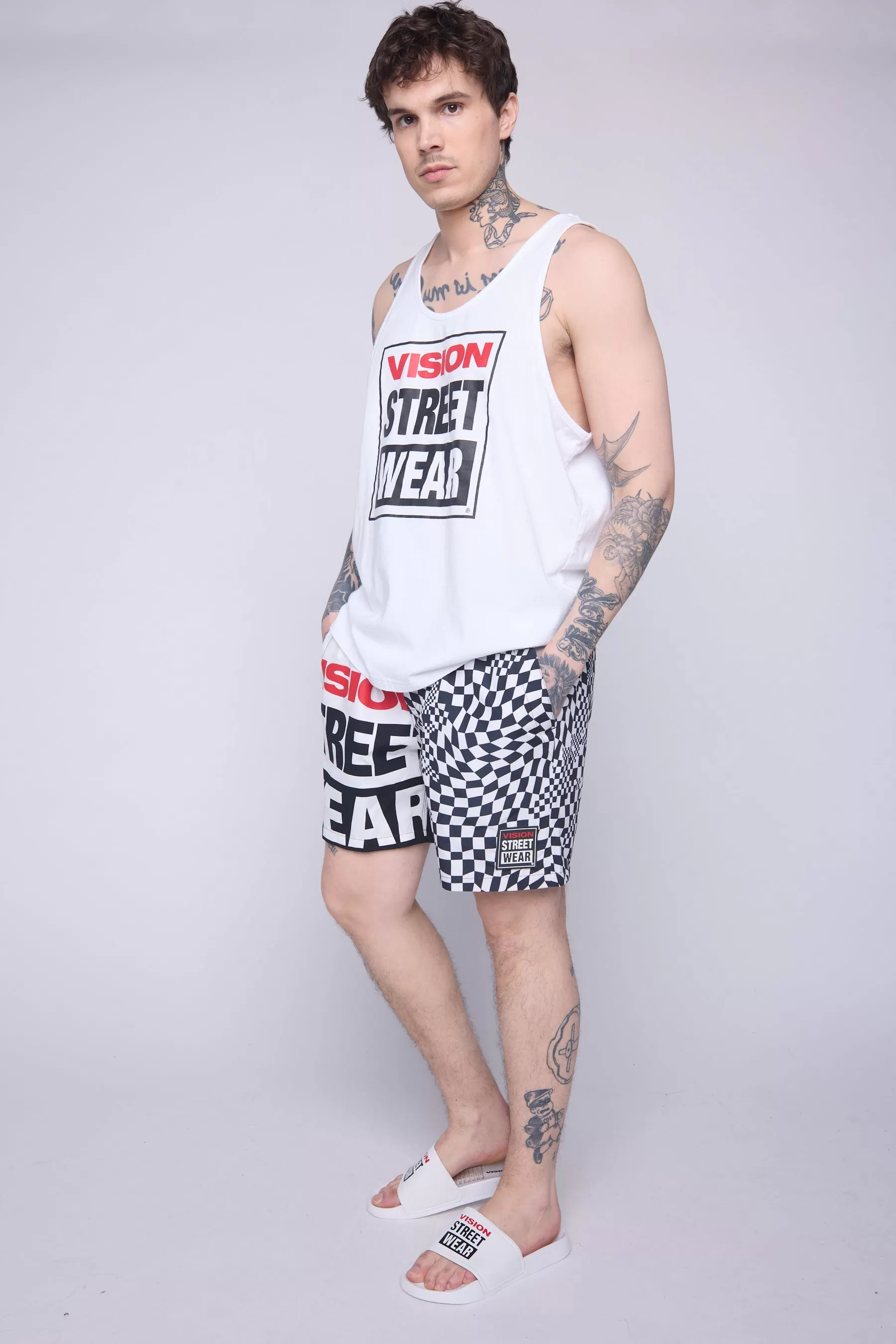 Checker/Logo Asymmetrical Swim Shorts - Ivory