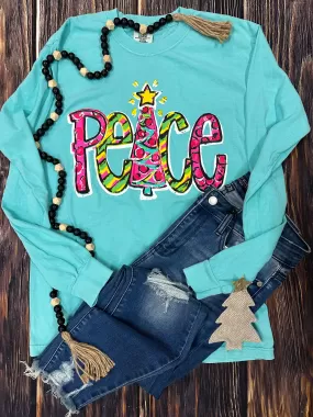 {CHRISTMAS PEACE} Hand Drawn Chalky Mint Long-Sleeve Tee