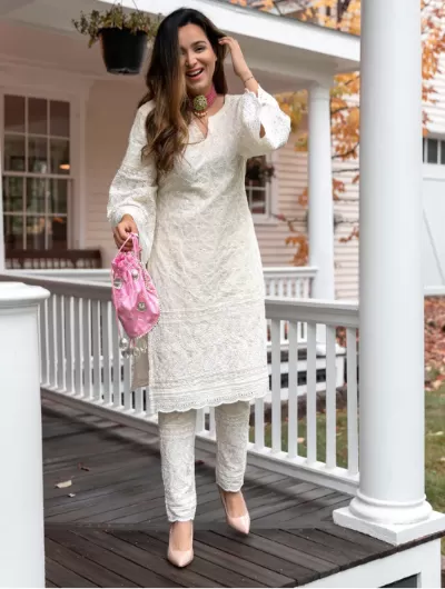 Cream Chickankari Sequin Embroidered Stylish Kurti Set