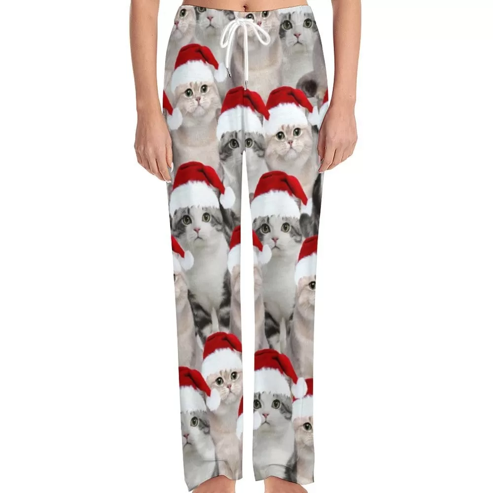 Custom Face Pet Cat Christmas Red Hat Sleepwear Personalized Women's&Men's Slumber Party Long Pajama Pants