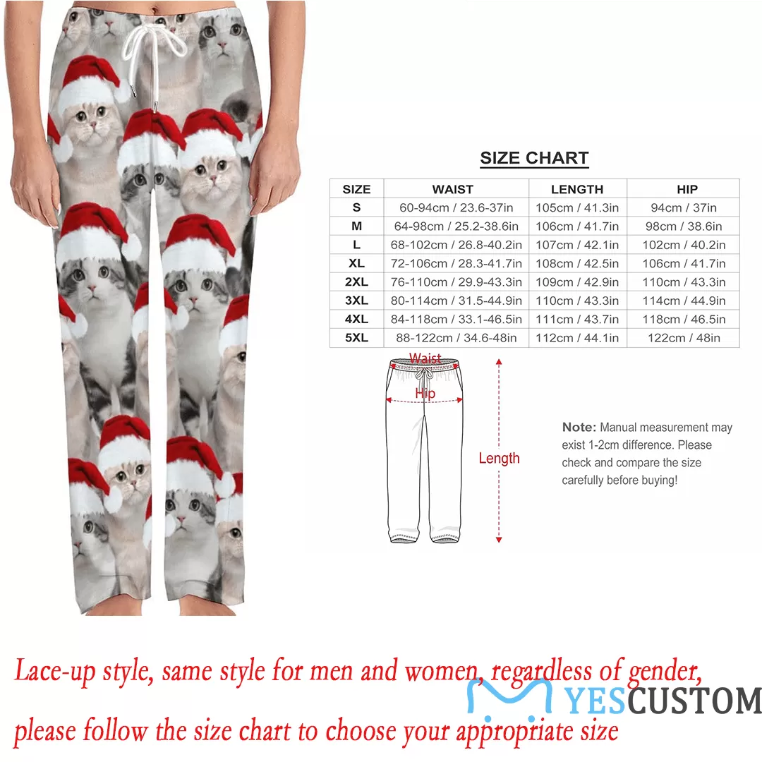 Custom Face Pet Cat Christmas Red Hat Sleepwear Personalized Women's&Men's Slumber Party Long Pajama Pants